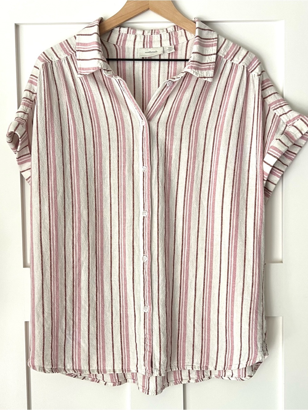Eco Threads Linen Blend Striped Relaxed Fit Blouse Size L Coastal Grandma